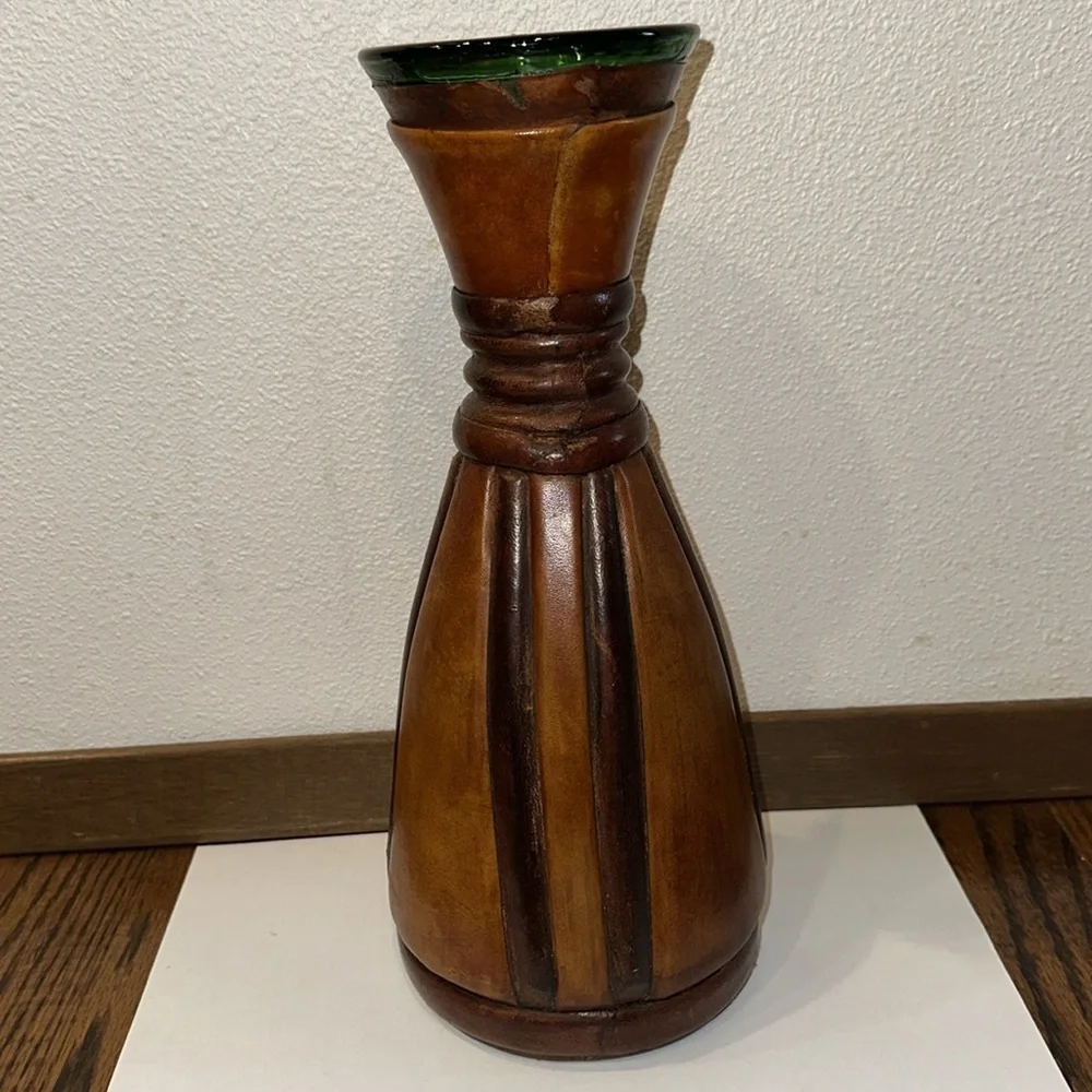 Wine Carafe Made in Italy VINTAGE Brown Leather Wrapped Green Glass 11.5”
